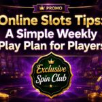 Online Slots Tips weekly play plan graphic with slot machines, casino chips, and the Exclusive Spin Club badge.