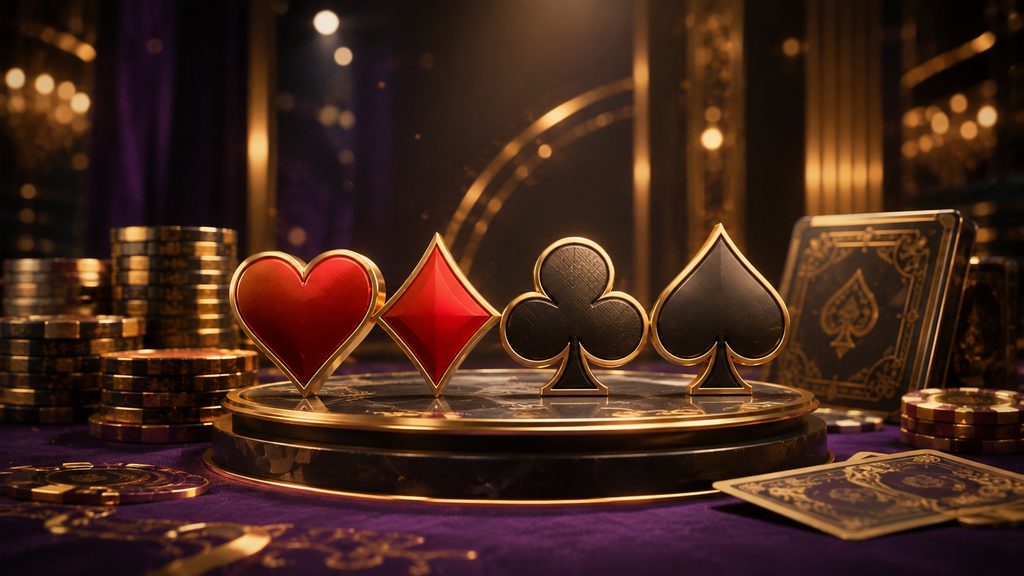 Playing card suits featuring heart, diamond, club, and spade symbols surrounded by casino chips and playing cards.