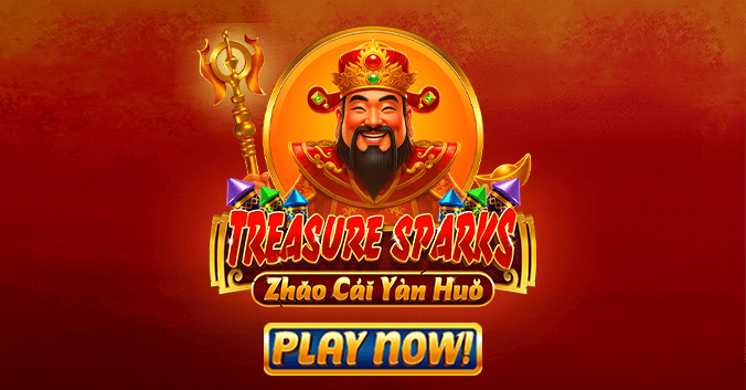 Treasure Sparks slot logo with Cai Shen, colorful fireworks, and a Play Now button on a red background.