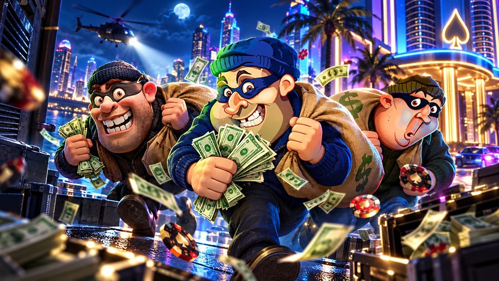 Three Cash Bandits characters carrying cash through a neon casino city with poker chips, money, and a helicopter in the background.