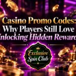 Casino Promo Codes graphic with 777 slot machines, gold coins, casino chips, gift boxes, and the Exclusive Spin Club badge.