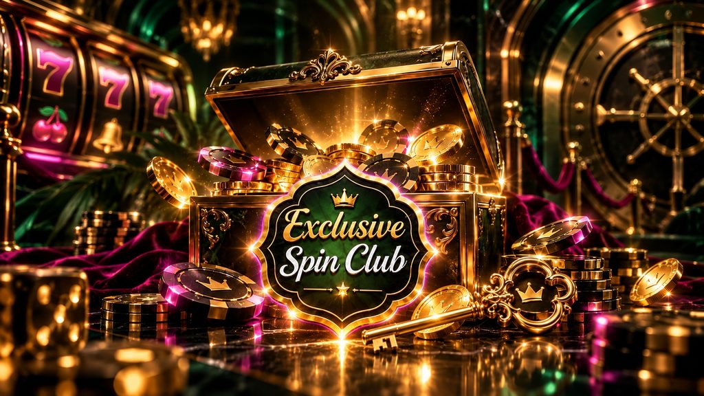 Exclusive Spin Club treasure chest filled with casino chips and gold coins, with a key, 777 slot machine, and vault in the background.