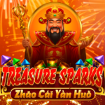 Treasure Sparks slot featuring Cai Shen, colorful fireworks, gold coins, and the Treasure Sparks game logo.