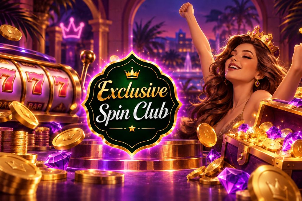 Exclusive Spin Club graphic with a celebrating player, 777 slot machine, gold coins, purple gems, and a treasure chest.