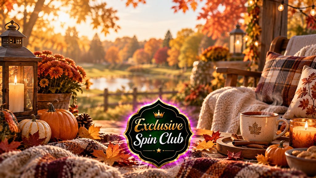 Fall bucket list scene with pumpkins, autumn leaves, cozy blankets, candles, a warm drink, and the Exclusive Spin Club badge.