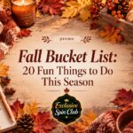 Fall Bucket List graphic with cozy autumn decor, pumpkins, candles, a seasonal checklist, and the Exclusive Spin Club badge.