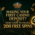 Eternal News guide to making your casino first deposit bonus and unlocking 200 Free Spins, with a smartphone, bank card, coins and gift box.