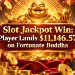 Fortunate Buddha slot jackpot win of $11,146.57 at Eternal Slots, shown with a golden Buddha, coins, and slot reels.