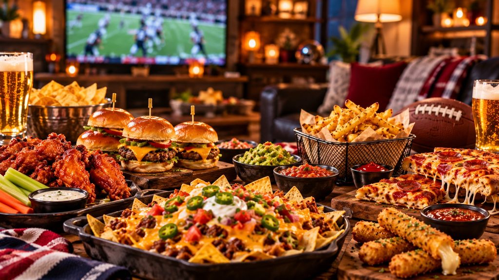 Game day food spread with wings, sliders, loaded nachos, fries, pizza, mozzarella sticks, dips, and a football game on TV.