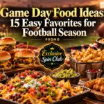 Game Day Food Ideas graphic with football favorites including wings, sliders, nachos, fries, pizza, dips, and the Exclusive Spin Club badge.