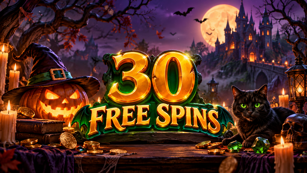 Halloween 30 Free Spins promotion featuring a glowing jack-o'-lantern in a witch hat, black cat, haunted castle, full moon, and gold coins.