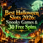 Best Halloween Slots 2026 banner featuring spooky slot reels, glowing jack-o'-lanterns, a haunted castle, black cats, and 30 free spins promotion.