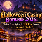 Halloween casino bonuses 2026 at Eternal Slots featuring free spins, a 133% bonus, a haunted castle, glowing pumpkins, and a slot machine.
