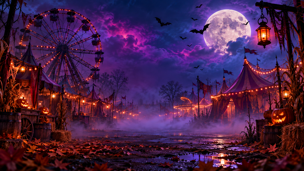 Haunted Halloween carnival with a glowing Ferris wheel, spooky tents, jack-o’-lanterns, bats, fog, and a full moon.