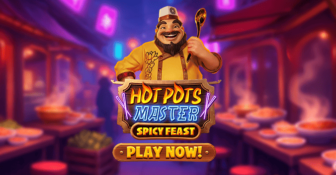 Hot Pots Master Spicy Feast slot at Eternal Slots featuring a smiling chef, a colorful restaurant background, and a Play Now button.