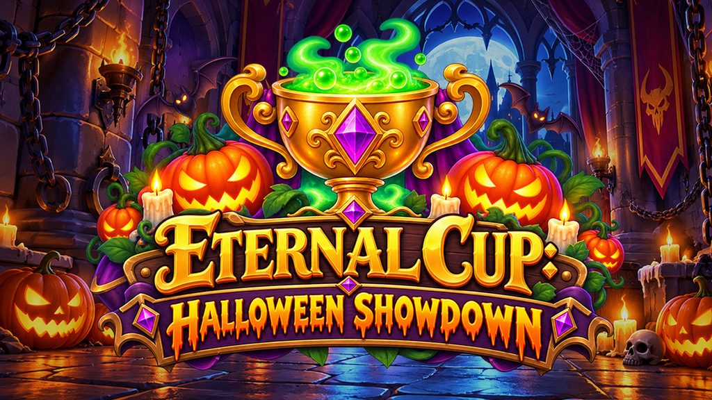 Eternal Cup: Halloween Showdown casino tournament featuring a golden trophy, glowing jack-o'-lanterns, bats, and a spooky Halloween castle.