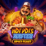 Hot Pots Master Spicy Feast slot featuring a smiling chef, a steaming hot pot filled with seafood and vegetables, and a colorful Asian-inspired restaurant setting.