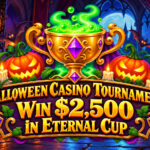 Halloween casino tournament at Eternal Slots featuring a golden trophy, glowing pumpkins, and a $2,500 Eternal Cup grand prize.