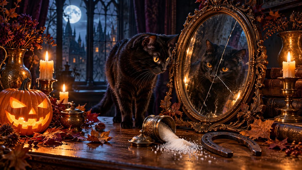 Halloween superstitions scene with a black cat, cracked mirror, spilled salt, horseshoe, jack-o’-lantern, candles, and a full moon.