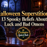 Halloween Superstitions graphic with a black cat, jack-o’-lantern, horseshoe, candles, full moon, and the Exclusive Spin Club badge.