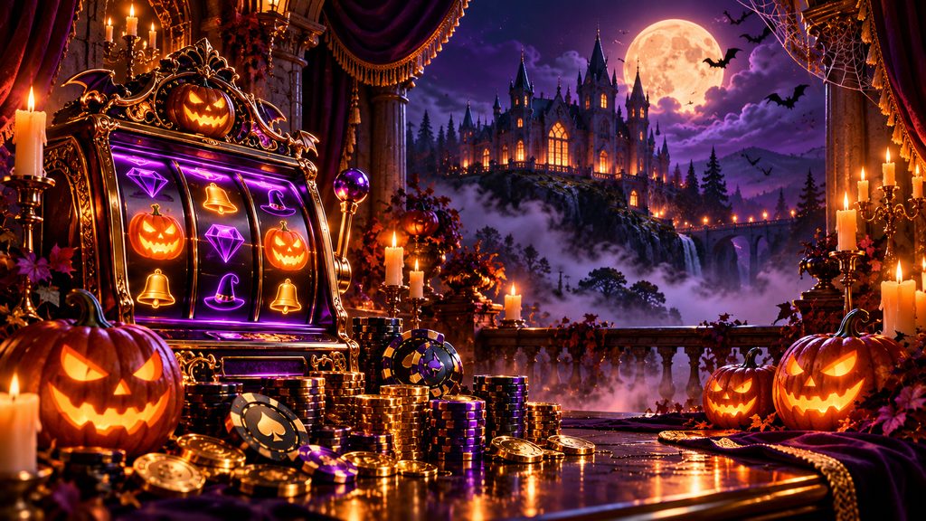 Halloween-themed casino slot machine surrounded by glowing pumpkins, candles, and casino chips, with a haunted castle under a full moon.