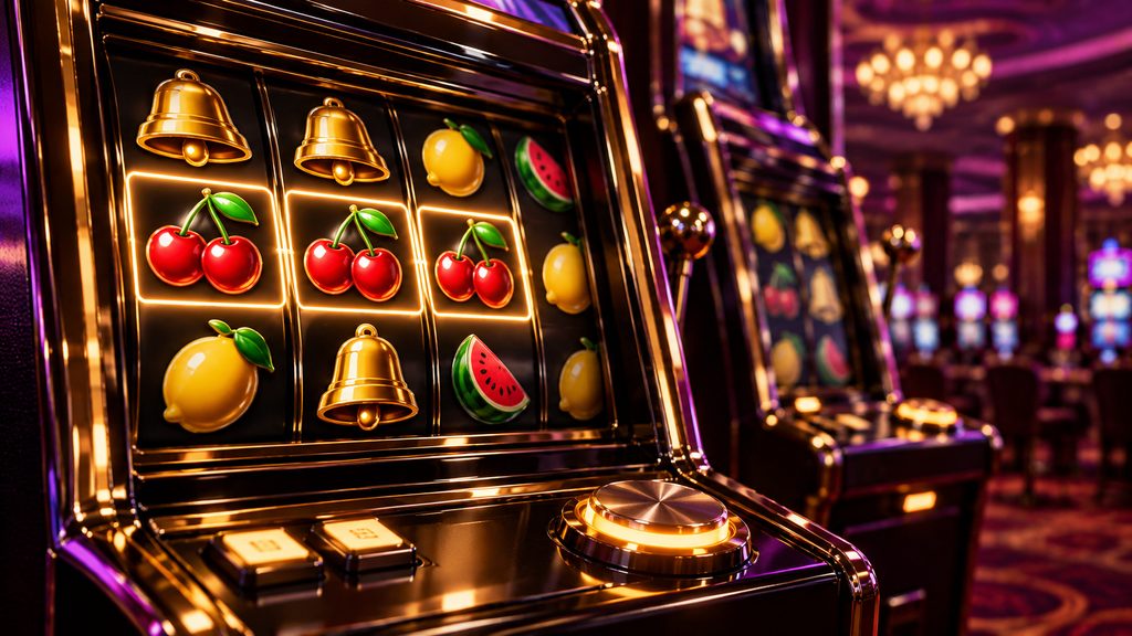 Golden slot machine displaying a winning combination of three cherries, with bells and fruit symbols in a casino setting