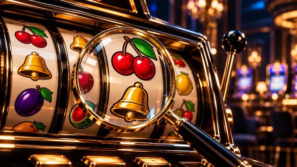 Close-up of a classic slot machine with cherries and bells under a magnifying glass, illustrating common slot machine myths and misconceptions.