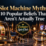 Slot Machine Myths graphic with a classic slot machine, casino chips, magnifying glass, and the Exclusive Spin Club badge.