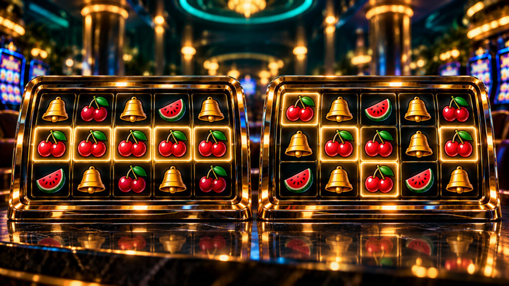 Two slot machines with cherries, bells, and watermelon symbols illustrating slot paylines vs ways to win in an online casino.