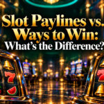 Slot Paylines vs. Ways to Win: What's the Difference? displayed above two classic slot machines with cherries, bells, and red 7 symbols in a casino setting.